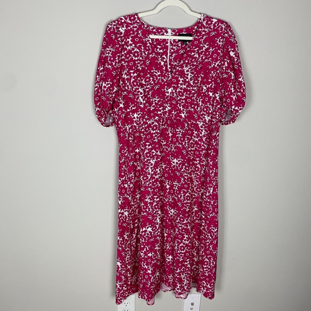 J. Crew Collection Midi Dress Drapey Floral Pink Puff Sleeve V Neck Size 16 - Picture 2 of 8